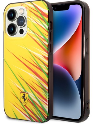 iPhone 14 Pro Max Kılıf Ferrari Orjinal Lisanslı Baskı Logolu Çimen Desenli Kapak Sarı