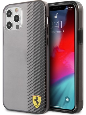 iPhone 12 Pro Max Kılıf Ferrari Lisanlı Klasik Metal Logolu Transparan Çizgi Desenli Gradient Siyah