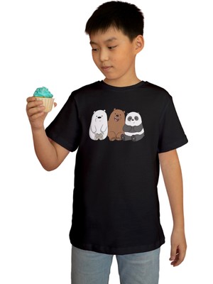 Texclusive Sevimli Ayı Baskılı Tişört Panda Çocuk Tişört Siyah