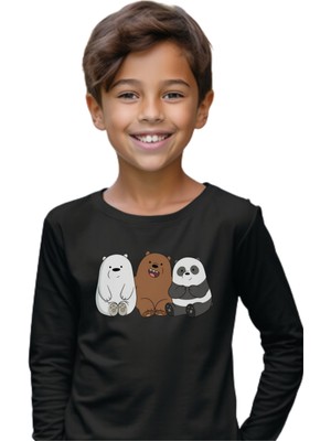 Texclusive Sevimli Ayı Baskılı Panda Uzun Kol Çocuk Tişört Siyah Unisex