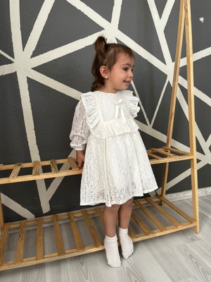 Serac Kids Kız Çocuk Çocuk Vintage Uzun Kollu Dantelli Fiyonklu Fırfırlı Parti Düğün Doğum Günü Astarlı Elbise