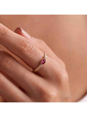 Bayar Gold 14 Ayar Altın Kırmızı Taşlı Oval Yüzük