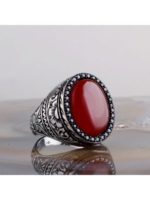 Tesbih Sepetim 925 Ayar Gümüş Akik Taşlı Desen Motifli Erkek Yüzük