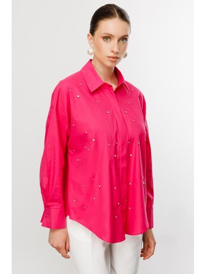 On Taş Baskılı Gömlek Fuşya