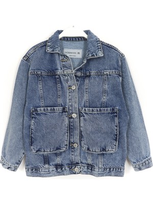 DobaKids Sırtı Ayıcık Aksesuarlı Gömlek Yaka Kız Çocuk Kot Ceket Mavi 001-0001991