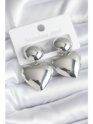 Lisinya 316L Çelik Gümüş Renk Kalp Model Kadın Küpe - Lisinya
