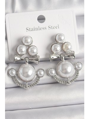 Lisinya Pirinç Gümüş Renk Sallantı İncili Çapa Model Kadın Küpe - Lisinya