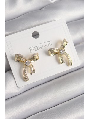 Lisinya Pirinç Gold Renk Zirkon Taşlı Fiyonk Model Kadın Küpe - Lisinya