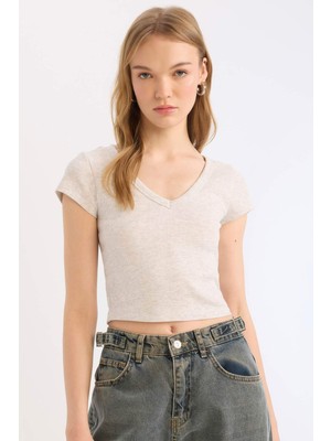 DeFacto V Yaka Fitted Fitilli Kaşkorse Kısa Kollu Tişört E0290AX25SM