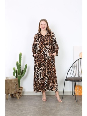 Kadın Büyük Beden Leo Dokuma Viskon Leopar Desen Ön Boy Düğmeli Cepli Uzun Elbise 65N38735