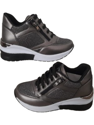 High Step  Kadın Simli Içten Gizli Topuklu Şık Platin Spor Ayakkababı