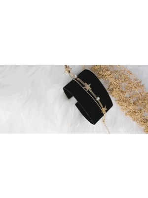 Stainless Steel Badelis Yıldız ve Taş Detaylı Çelik Gold Bileklik