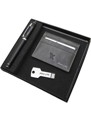 Signator D390 Isme Özel Set - Deri Kartlık + 32 Gb. Anahtar USB Bellek  + Kalem Seti | Isme Özel Hediyelik Set