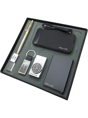 Signator® Celestia | Kişiye Özel Set - Saatli Çakmak + 32 Gb. Kristal USB Bellek + 10000 Mah Powerbank  + Gold Krom Roller Kalem + Anahtarlık + Kartvizitlik | Isme Özel Hediyelik Set