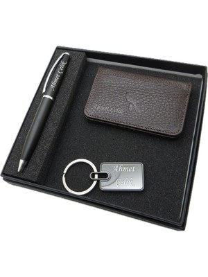 Signator D372 Isme Özel Set - Deri Kartlık + Anahtarlık  + Kalem Seti | Isme Özel Hediyelik Set