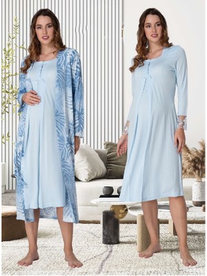 Effortt Dvina Lohusa Desenli Sabahlıklı Gecelik Mavi - 9045