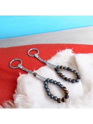 Mga Doğaltaş Kaplan Gözü Hematit Tesbih Anahtarlık – Doğal Taş Anahtarlık – 2 Li  Anahtarlık