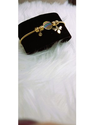 Stainless Steel Badelis Çelik Kelebek ve Boncuk Detaylı Gold Bileklik