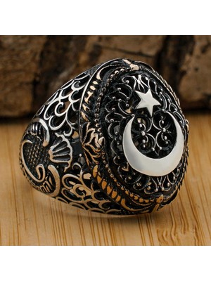 Ay Yıldız Tasarımlı Vav Figürlü 925 Ayar Gümüş Yüzük