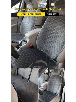 TeknoClub Lüx Kadife & Terletmez Baskılı Kaydırmaz Oto Koltuk Minder Seti - Koltuk Kılıfı-Gri Renk (3 Lü Set)