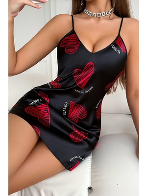 bazaar-turkey Tenimoda Büyük Kırmızı Kalp Desenli Siyah Saten Gecelik