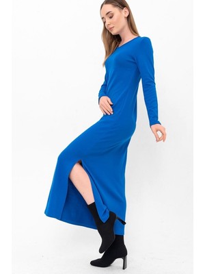 Bisiklet Yaka Yırtmaçlı Uzun Triko Elbise