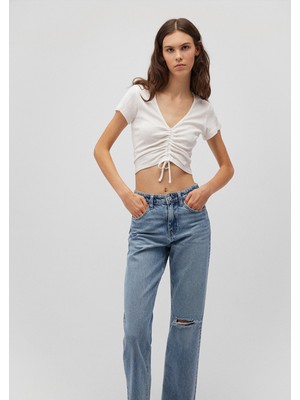 Mavi Büzgülü Beyaz Crop TIŞÖRT1612670-70057