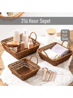 Porsima Kare 3'lü Dekoratif Ev Banyo Mutfak Düzenleyici Hasır Sepet Seti Ekmeklik Takımı