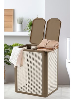 Nandy Home Smartduo İki Bölmeli Çamaşır Sepeti 84 lt Modern Tasarım Beyaz-Kahverengi Renk