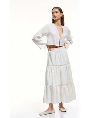 Koton Yüksek Bel Ajurlu Beli Lastikli Volanlı Çiçekli Midi Etek