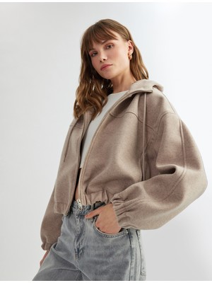 Koton Kaşe Dokulu Cepli Fermuarlı Kapüşonlu Crop Bomber Ceket