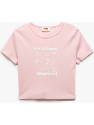 Koton Pamuklu Baskılı Bisiklet Yaka Kısa Kollu Crop Tişört