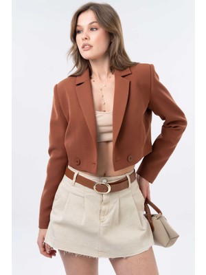 Kahverengi Kruvaze Crop Blazer Ceket
