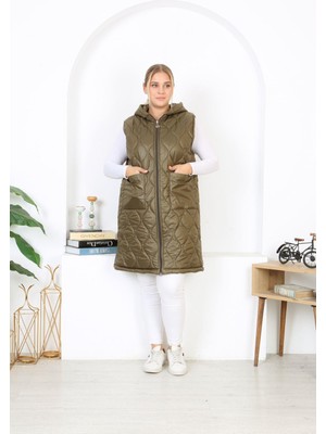 Kadın Büyük Beden Haki Kapüşonlu Kapitone Cepli Uzun Yelek 65N38334