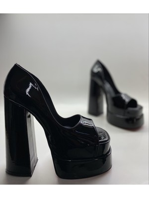 Hayy Shoes Siyah Rugan Çift Platform Topuklu Sandalet