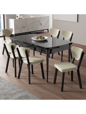 Canisa Exve Serisi 80 x 132 Açılabilir Siyah Mermer Desen Masa Takımı ve 6 Krem Sandalye