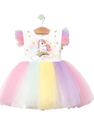 Kız Çocuk Unicom Baskılı Tüllü Elbise 1/9 Yaş