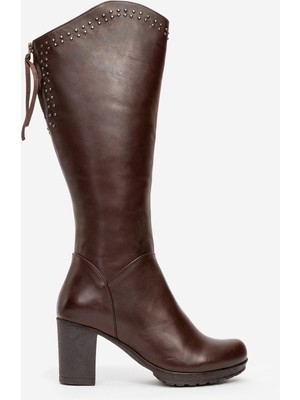 Kadın Yüksek Topuklu Fermuarlı Çizme Gerçek Deri Br 08012 Kahverengi