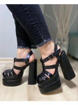 Hayyshoes Siyah Mat Örme Çift Platform Topuklu Sandalet