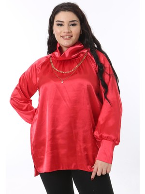 Şans Kadın Büyük Beden Kırmızı Yaka Detaylı Saten Bluz 65N38706