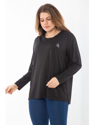 Şans Kadın Büyük Beden Siyah Bisiklet Yakalı Spor Bluz 65N38732