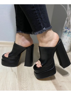 Hayy Shoes Siyah Mat Çift Platform Topuklu Sandalet