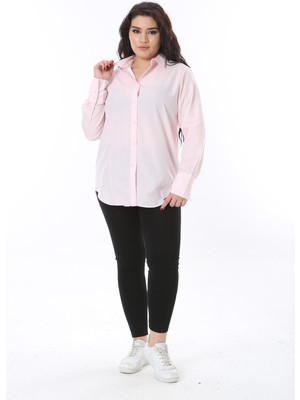 Şans Kadın Büyük Beden Pembe Ön Düğmeli Poplin Gömlek 65N38705