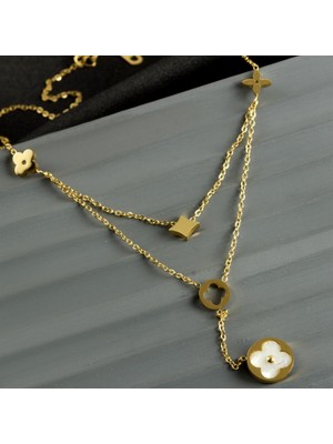 Ebijuteri Gold Renk Sedefli Çiçek Detay Çelik Kolye