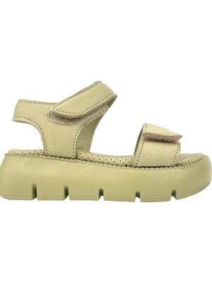 Top Level Hakiki Deri Çocuk Sandalet Olive