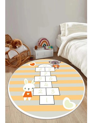Napoli Home Baskılı Tavşan Seksek Model Yıkanabilir Kaymaz Taban Yuvarlak Çocuk Odası Halısı,Çocuk-Y-52-Turuncu,
