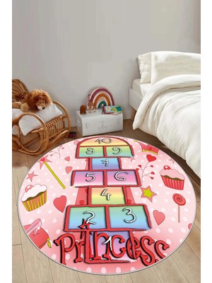 Napoli Home Baskılı Renkli Seksek Model Yıkanabilir  Taban Yuvarlak Çocuk Odası Halısı, Çocuk-Y-54-Kırmızı,