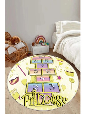Napoli Home Baskılı Renkli Seksek Model Yıkanabilir  Taban Yuvarlak Çocuk Odası Halısı, Çocuk-Y-54-Sarı,