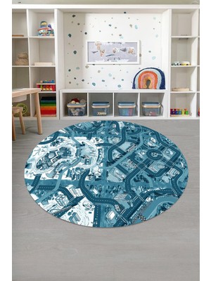Napoli Home Baskılı Çizgi Film Yol Desenli Yıkanabilir Kaymaz Yuvarlak Çocuk Odası Halısı, Çocuk-Y-72-Turkuaz,