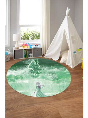 Napoli Home Baskılı Çizgi Film At Figürlü Yıkanabilir Kaymaz  Yuvarlak Çocuk Odası Halısı, Çocuk-Y-67-Yeşil,